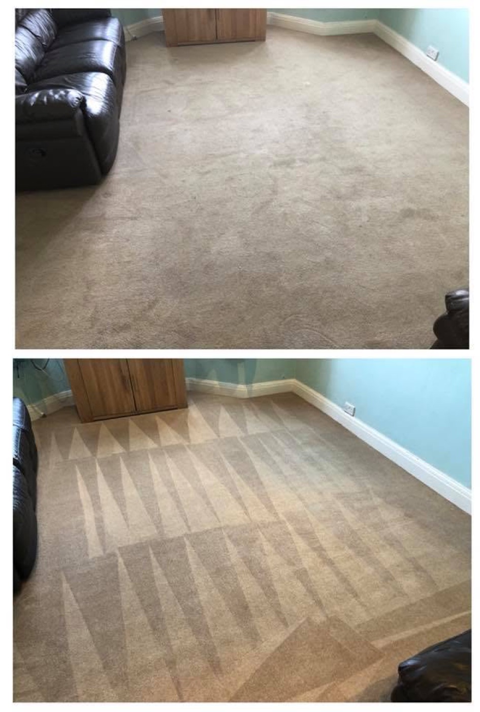 Before and after of a living-room carpet deep clean
