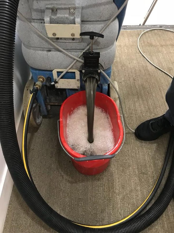 Filthy water extracted from a carpet into a bucket by Jay's Cleaning