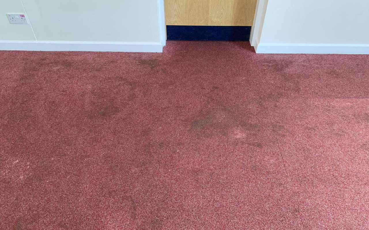 A tea stain on a red carpet before cleaning by Jay's Cleaning