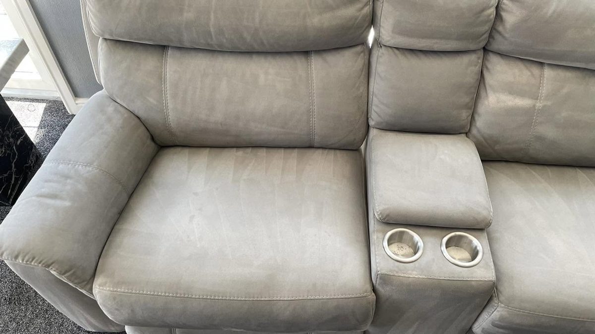 After: the same suede recliner suite, cleaned and even again